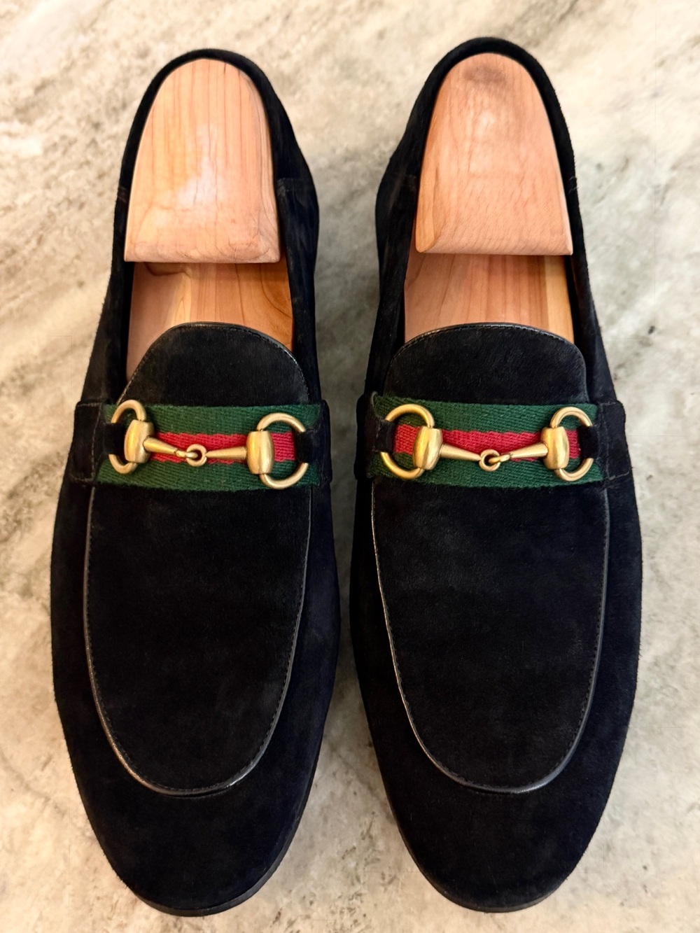 GUCCI BRIXTON Black Suede Web Horsebit Loafers US 7.5 Gucci 7 Jordaan $1050